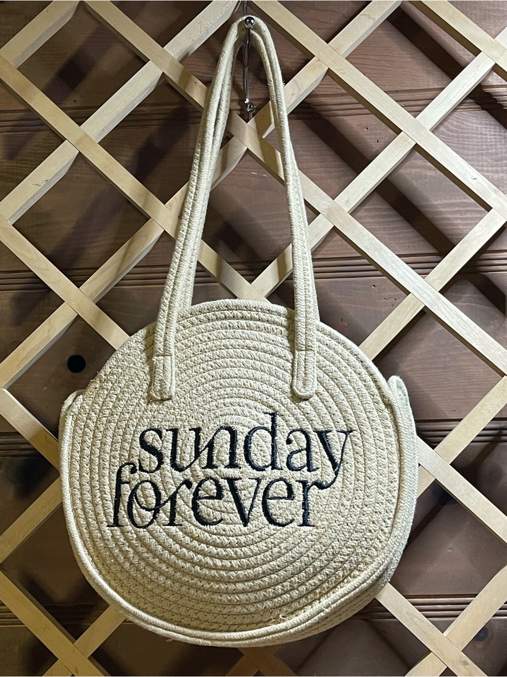 Round Rope Woven Cotton Tote Bag / Shoulder Bag / Embroidered “Sunday Forever”